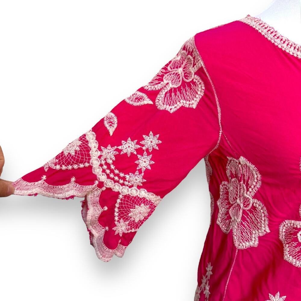 🍀Solitaire Embroidered Floral Bell Sleeve Peasant Boho Top Fuchsia Pink Womens S - Picture 5 of 11